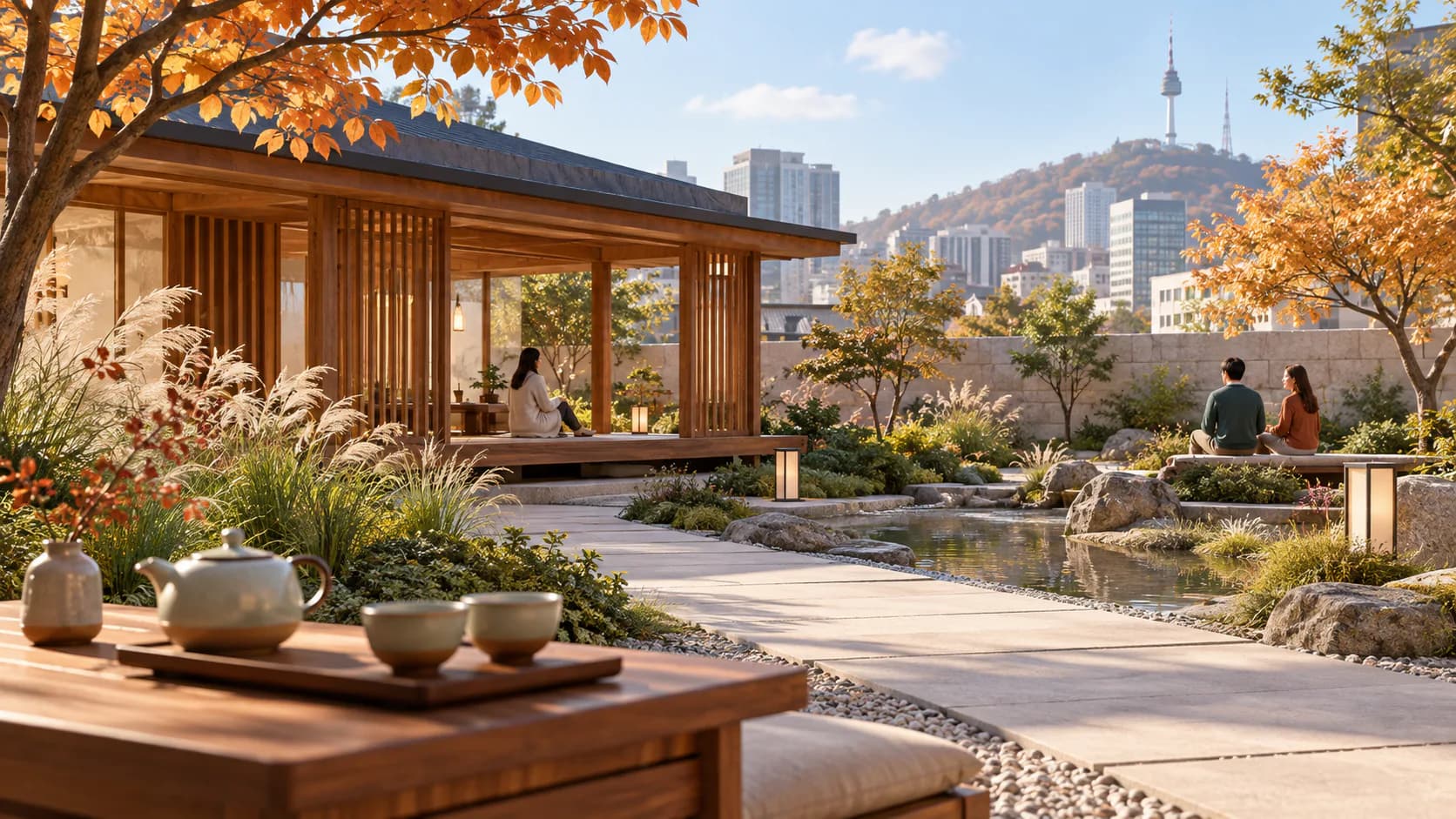 AI-generated illustration of a fictional Seoul garden courtyard representing urban rest and culture.