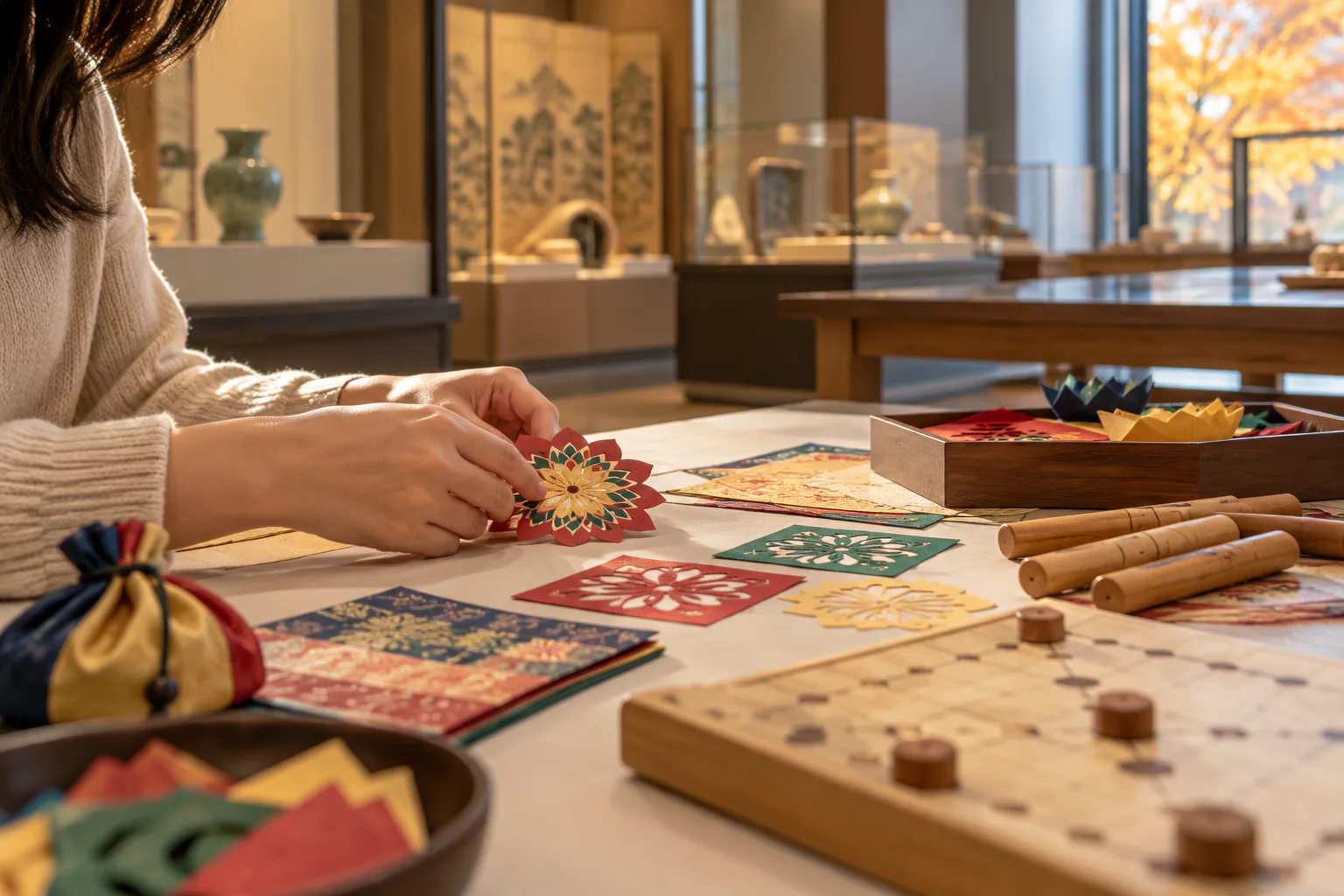 Hands making a traditional paper craft beside a yutnori board in a Seoul museum