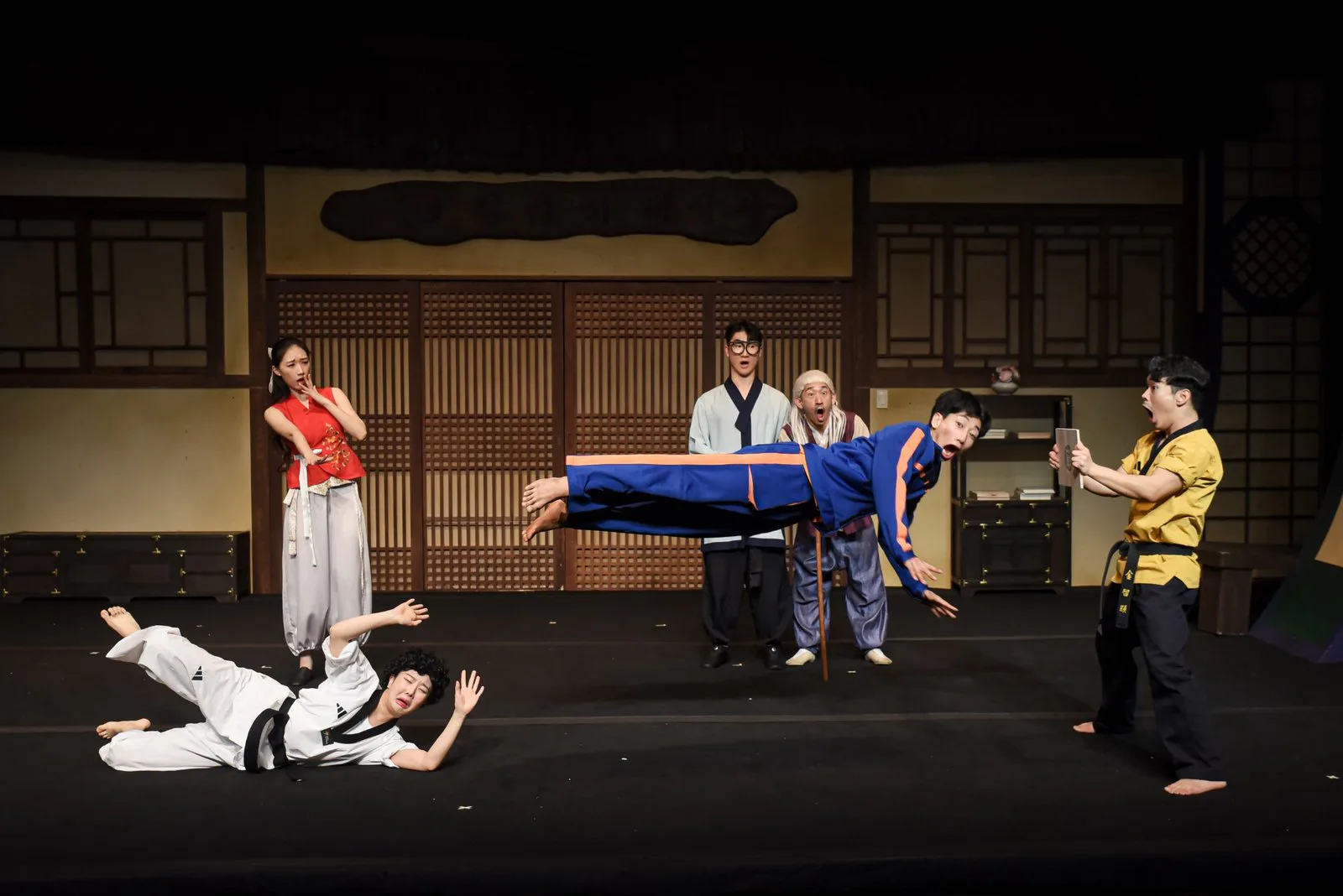 JUMP Show Seoul cast performing a martial arts comedy scene at Myungbo Art Hall