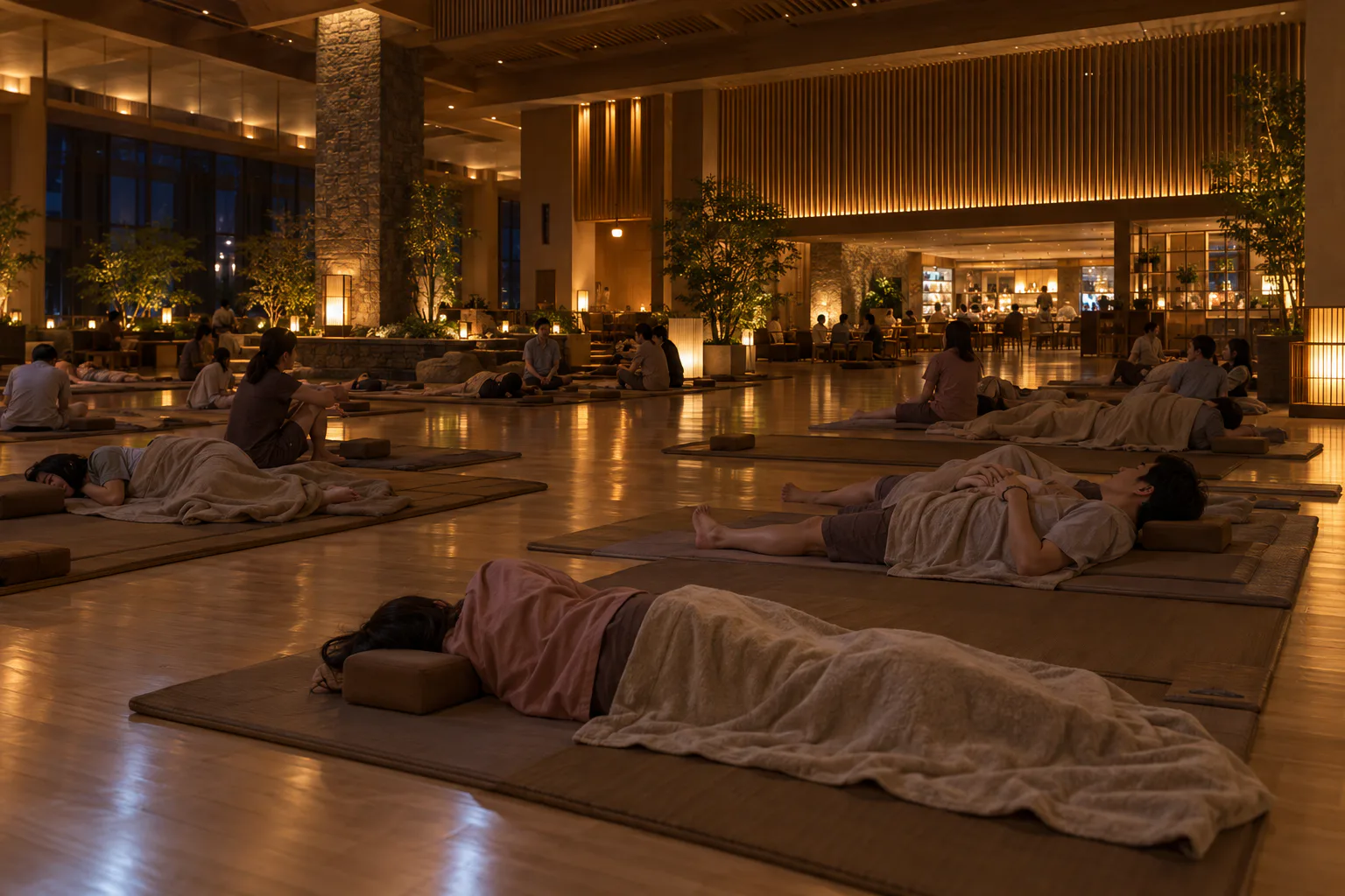 Clothed visitors resting and sleeping on individual mats in a large softly lit Korean-style jjimjilbang hall in the evening.