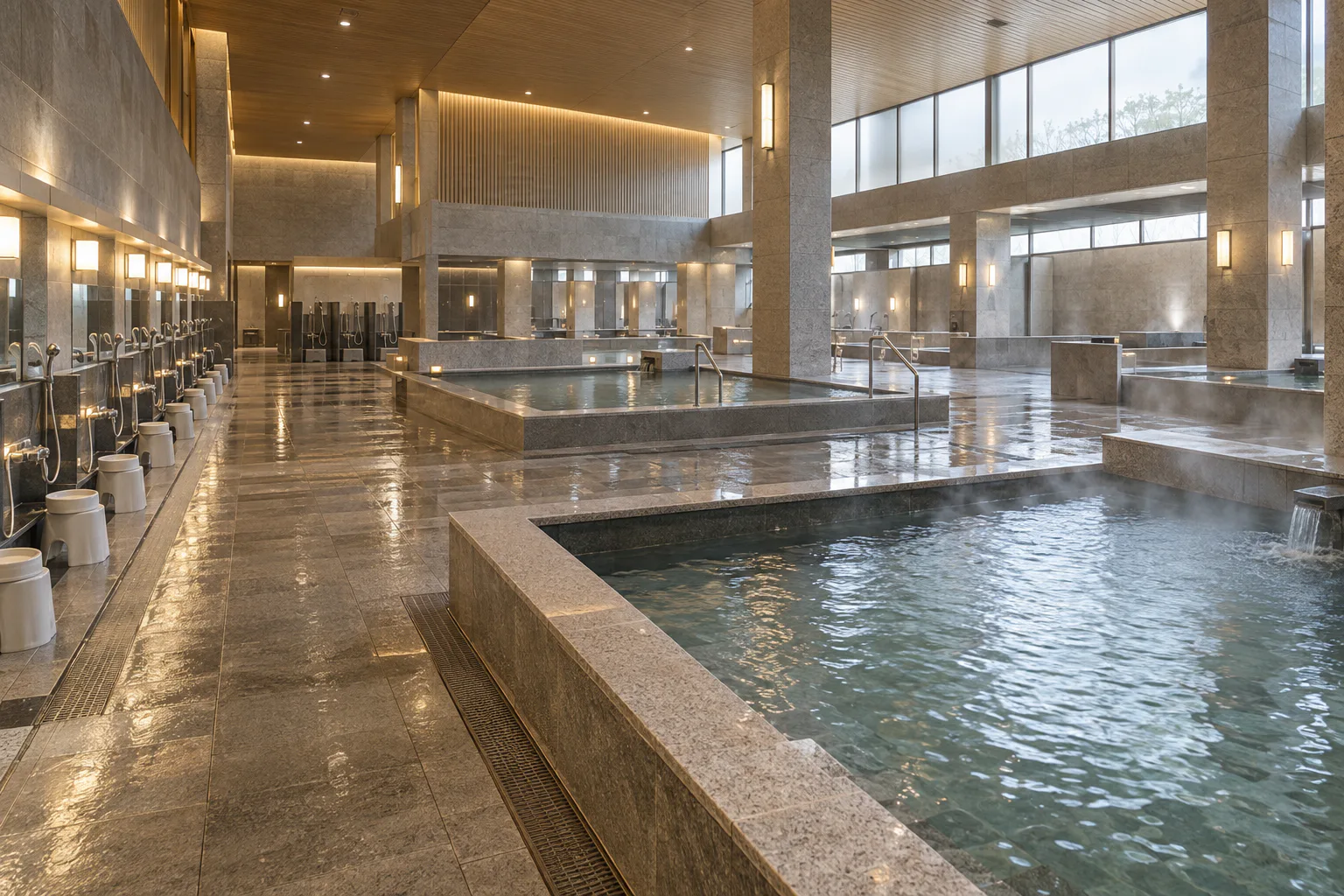 A spacious empty Korean-style bathing complex with several soaking baths and long rows of seated shower stations.