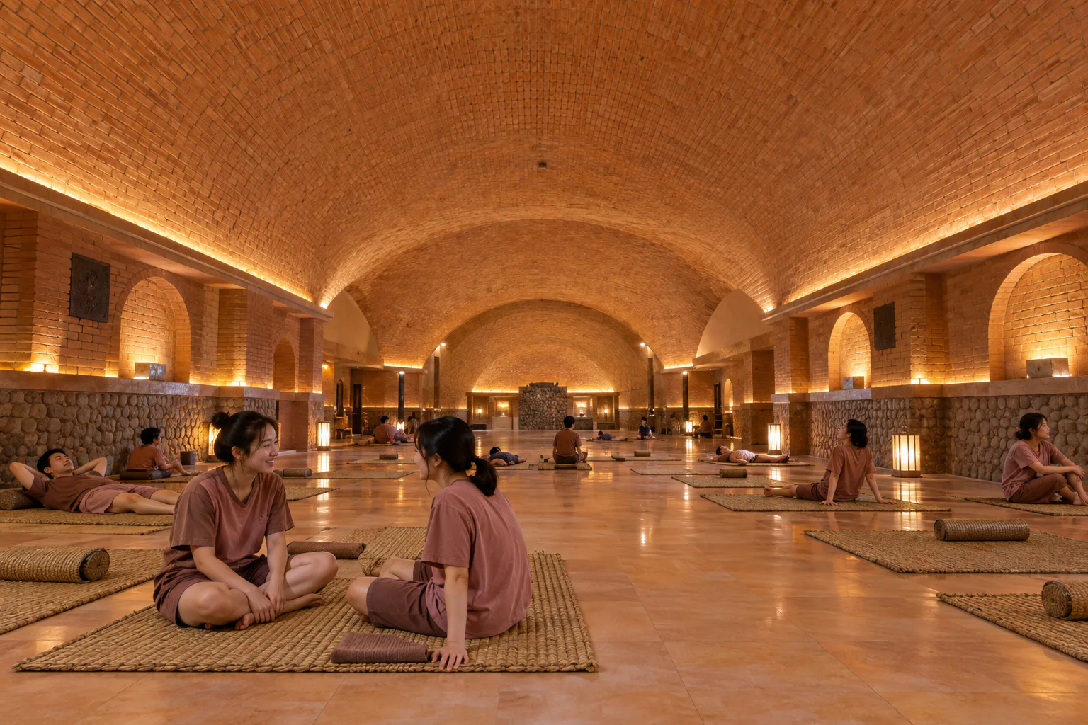 Visitors wearing cotton spa clothes relaxing on individual mats in a large vaulted clay-and-brick heated room.