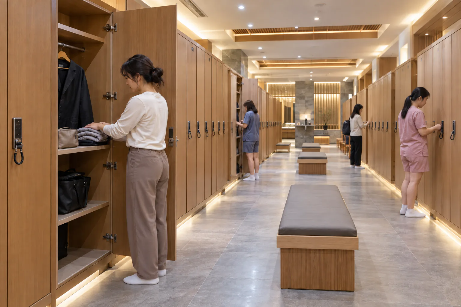 Fully clothed visitors placing clothes and personal bags in tall lockers inside a spacious Korean-style spa locker room.